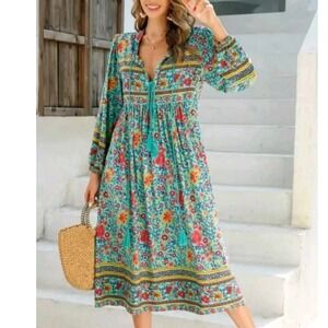 R Vivimos Turquoise Prarie Floral Print Maxi Dress boho Hippie western Size S
